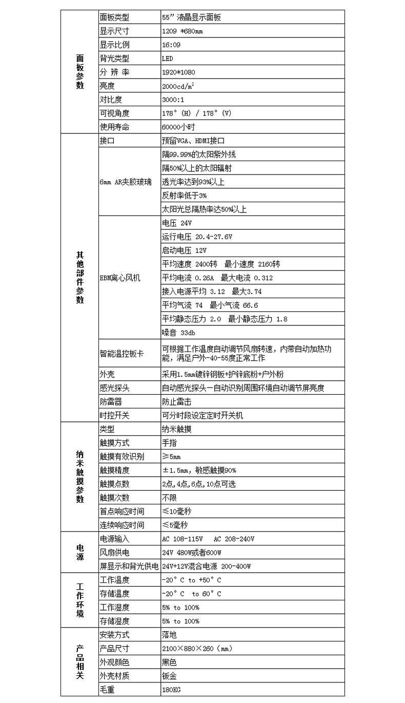 55寸戶(hù)外廣告機(jī)參數(shù)介紹